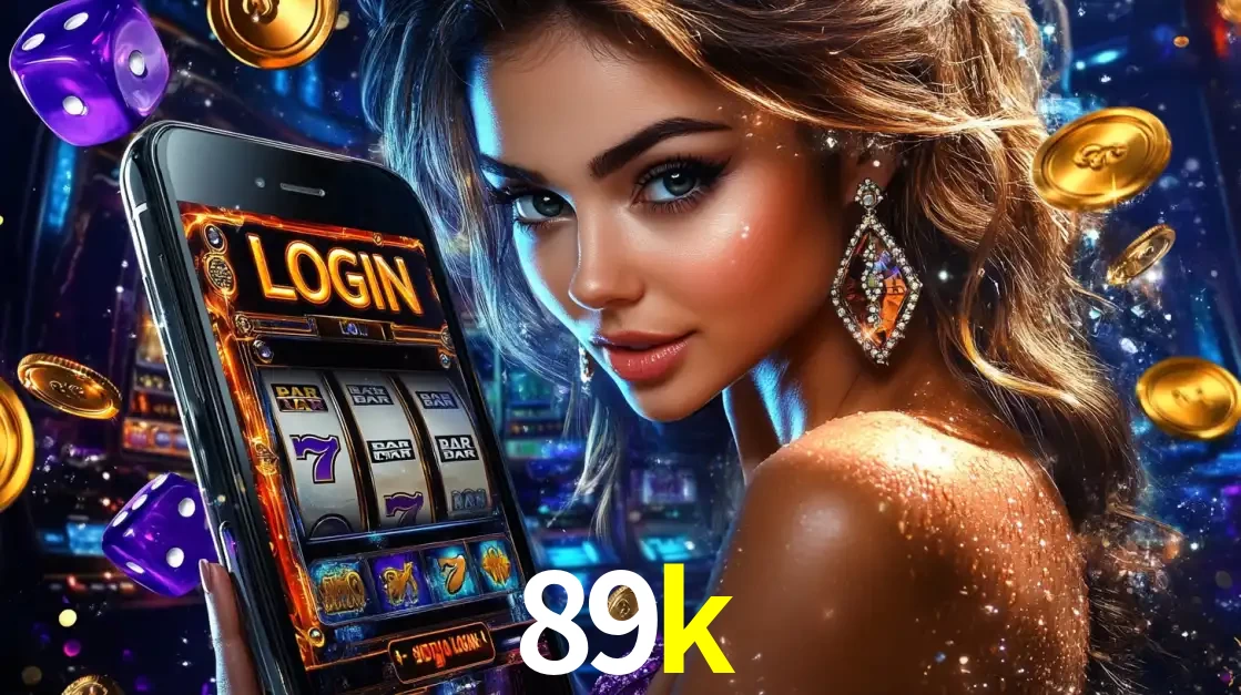 Mulher glamorosa segurando um smartphone com a tela de login para os jogos de caça-níqueis do cassino online 89k, com moedas de ouro e dados ao redor.